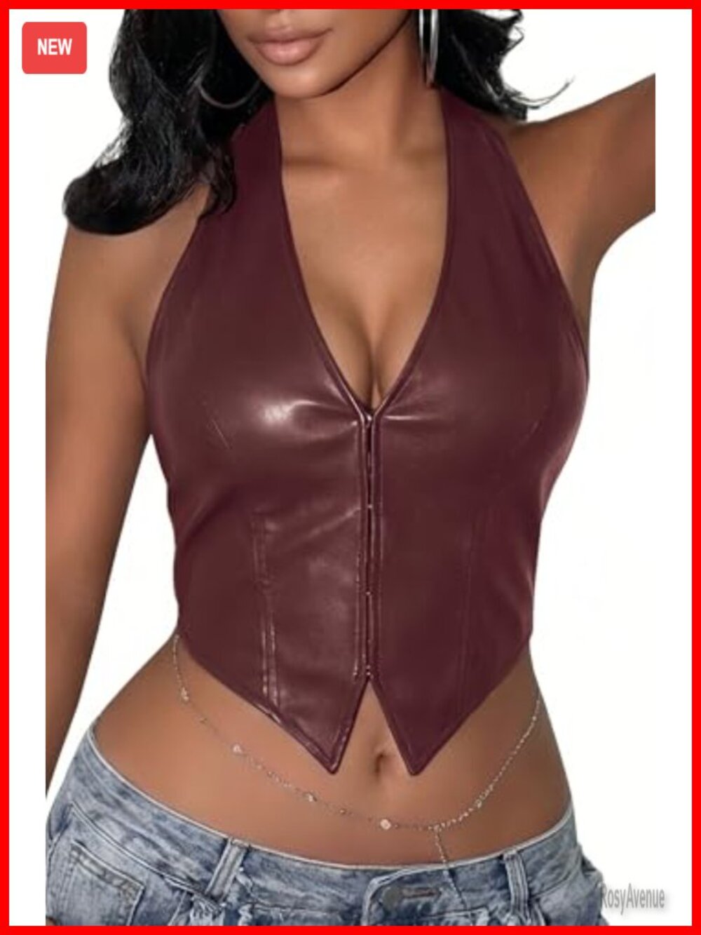 PU Faux Leather Halter Crop Top - Women's Deep V Backless Corset Clubwear